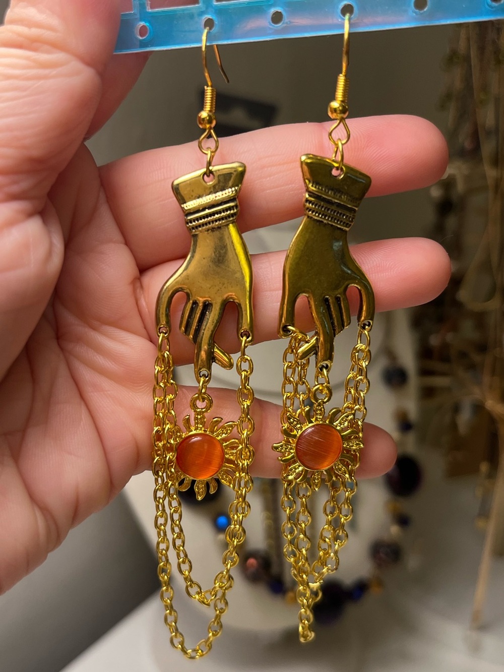 Hand Chain Dangle Earrings in Gold Tone